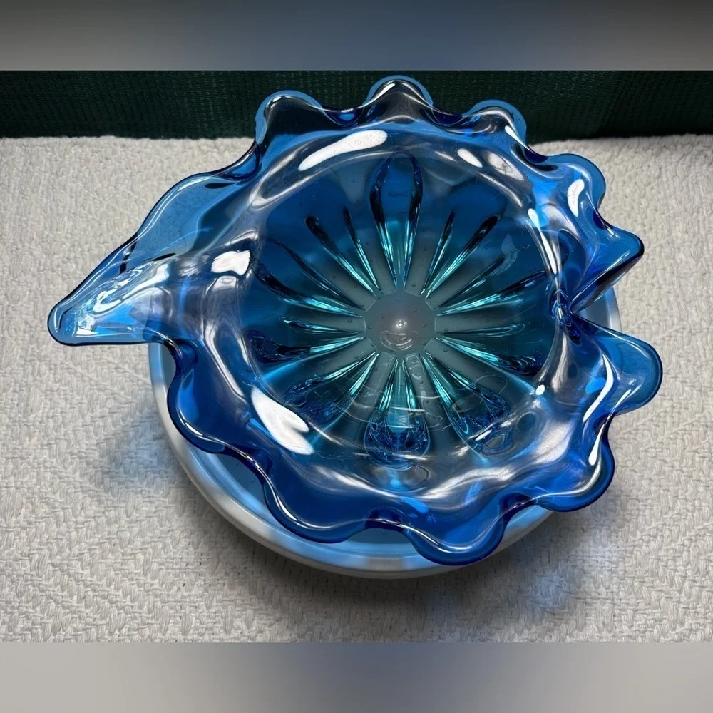 Vintage mid-century blue petal shaped glass bowl used as decorative dish/ashtray